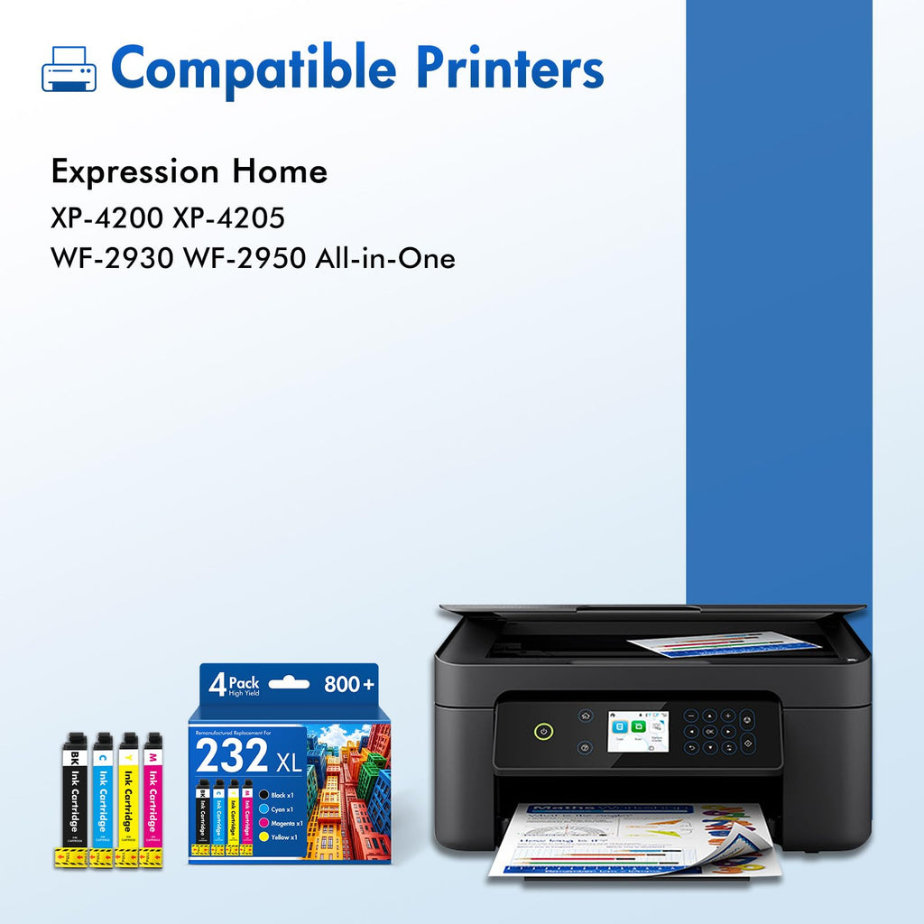 Remanufactured Compatible for 232XL Ink Cartridges Combo Pack for 232 XL for Epson Printer XP-4200 XP-4205 WF-2950 WF-2930 Workforce XP 4200 4205 WF 2950 2930 XP4200 XP4205 WF2950 (4 Pack, BKCMY)