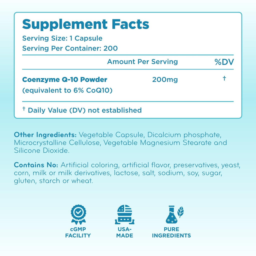 Clear Formulas Quick Absorption CoQ10 200mg - Coenzyme Q10 Potent Antioxidant for Heart Energy and Aging Support - High Stability CoQ10 Ubiquinone Capsules - Made in a cGMP US Lab - 200 Capsules
