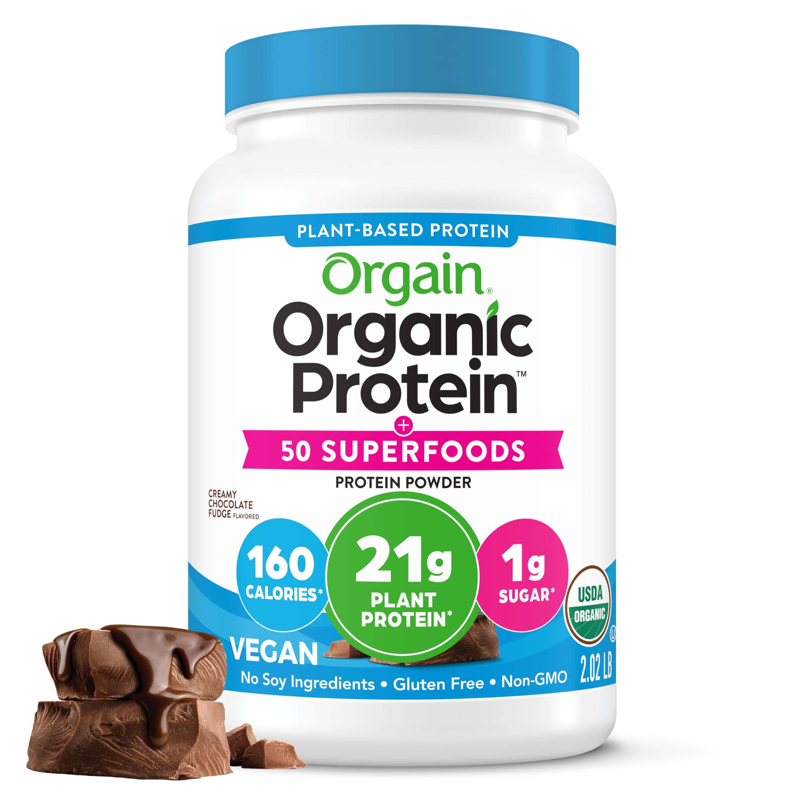 Buy now Orgain Organic Vegan Protein + 50 Superfoods Powder, Vanilla Bean - 21g Plant Based Protein, 8g Prebiotic Fiber, No Lactose Ingredients, Gluten Free, No Added Sugar, Non-GMO, 2.02 lb Creamy Chocolate Fudge at indiglob india
