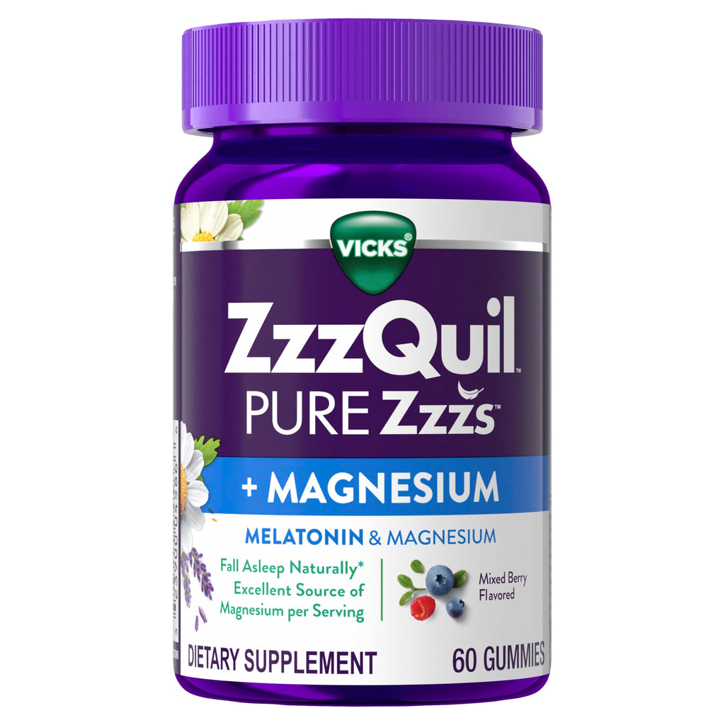 ZzzQuil Pure Zzzs + Magnesium, Sleep Aid, Magnesium Citrate and Melatonin Gummies, Melatonin 2mg, Sleep Aids for Adults, Mixed Berry Flavored, 60 Sleep Gummies