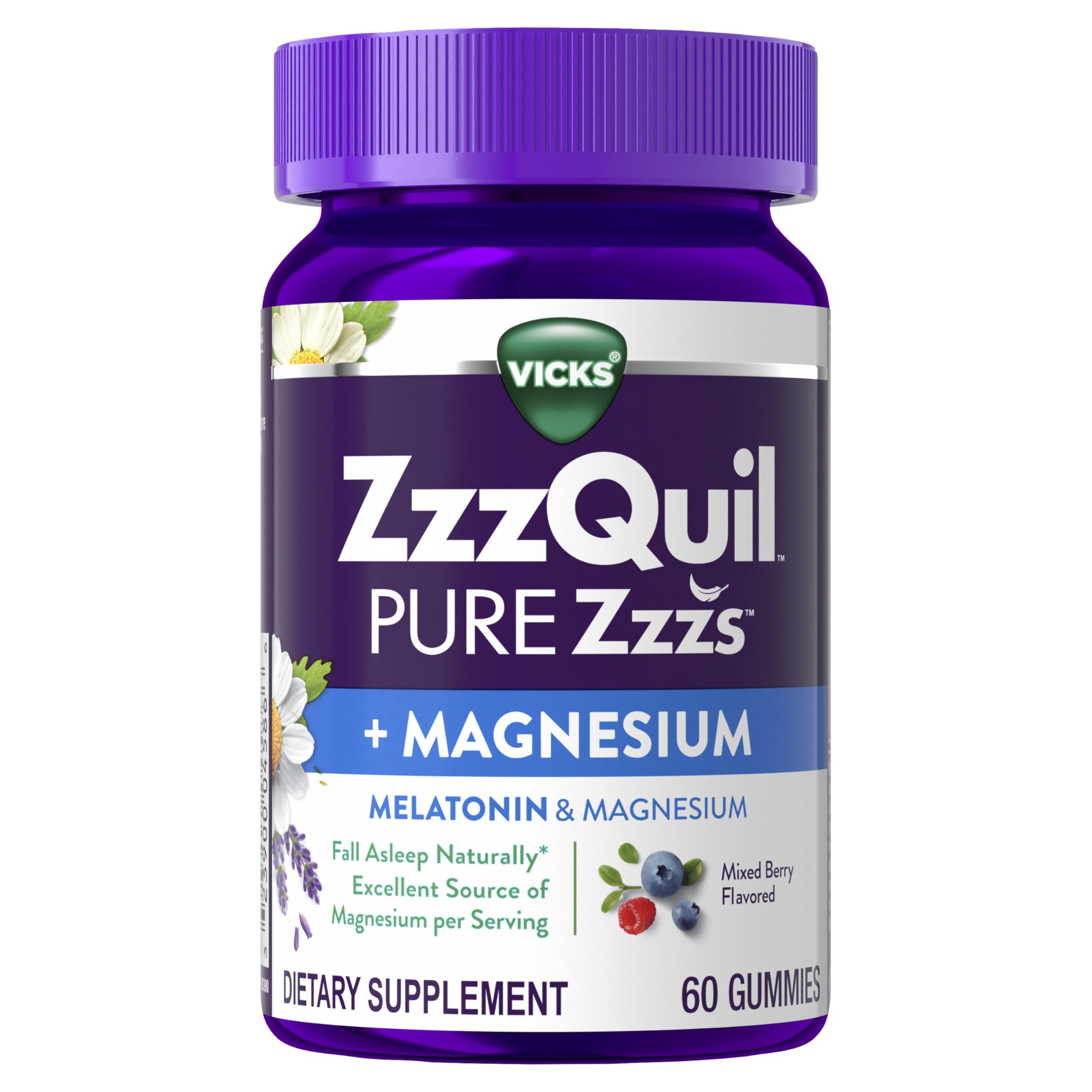 ZzzQuil Pure Zzzs + Magnesium, Sleep Aid, Magnesium Citrate and Melatonin Gummies, Melatonin 2mg, Sleep Aids for Adults, Mixed Berry Flavored, 60 Sleep Gummies