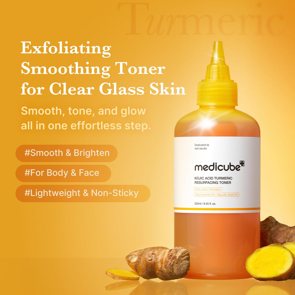 medicube Kojic Acid Turmeric Smoothing Toner for Face & Body | Lightweight Toner for Balancing Uneven Skin Tone & Texture - Niacinamide, Glycolic Acid for Clear Glass Skin, 8.45 fl.oz