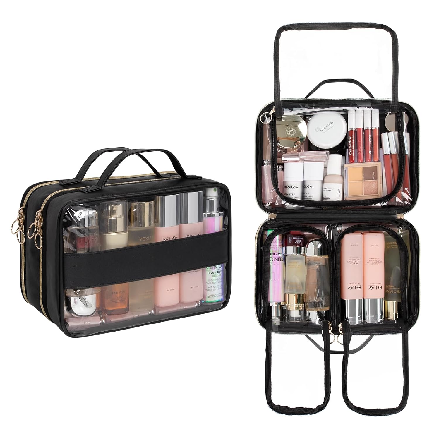 Buy now OCHEAL Makeup Bag, Double Layer Cosmetic Bag, Large Capacity New Look Clear Cosmetic Case for Women Travel Beauty Essentials, Multiple Compartments Makeup Case Organizer Zipper Pouch -Black X_Large Black_xl at indiglob india