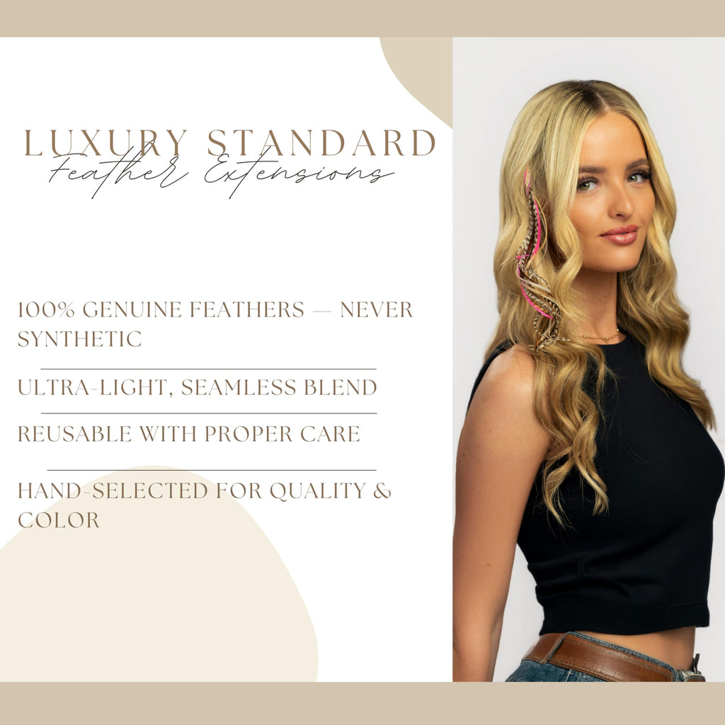 Discover 21 natural color hair extensions made from 100% genuine feathers, ultra-light, and easy to reuse.