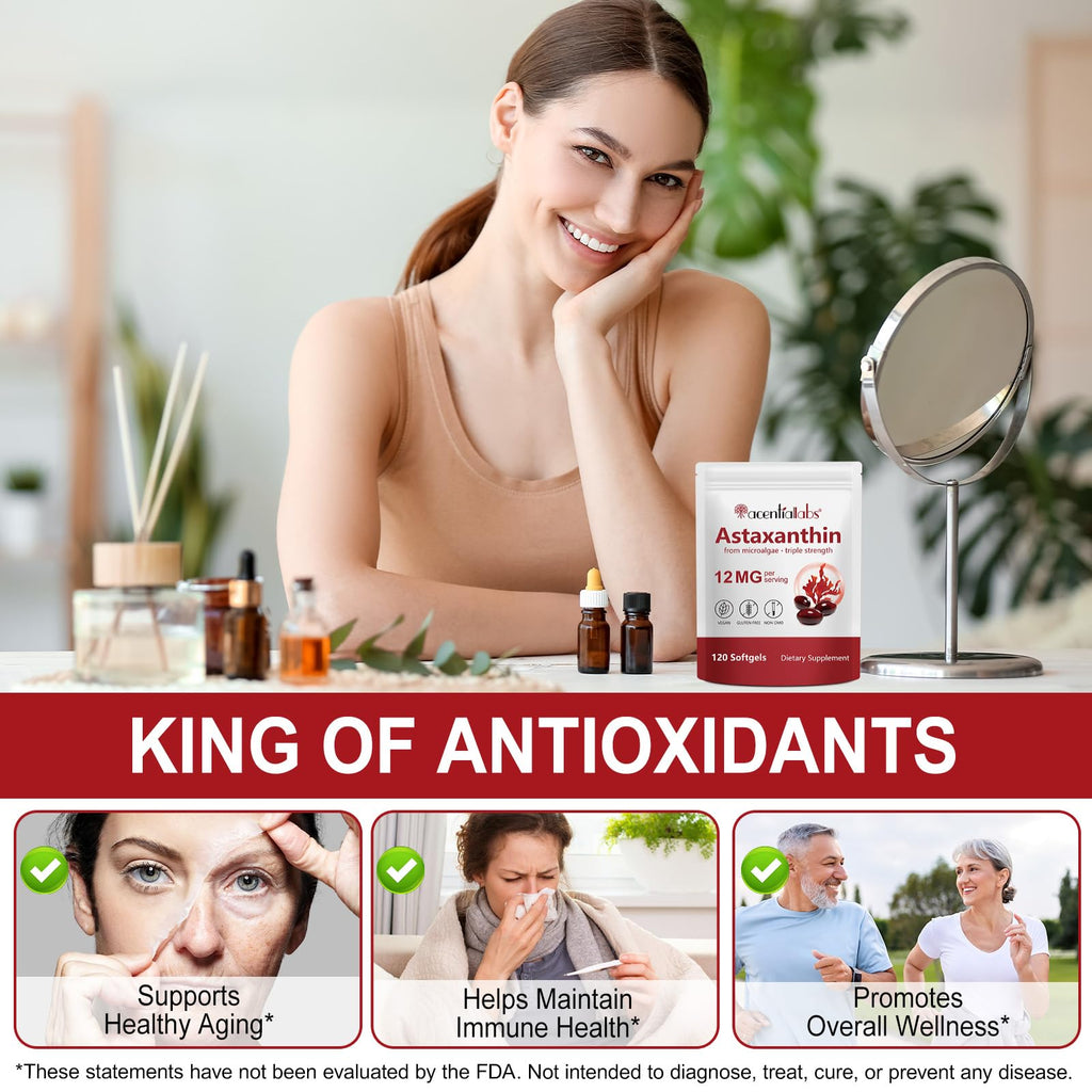 Premium Astaxanthin 12mg,120 Softgels | Natural Antioxidant Supplement for Eye, Joint, Skin Health,Microalgae Source | 4 Month Supply | Supports Internal Circulation & Natural Tanning,Non-GMO