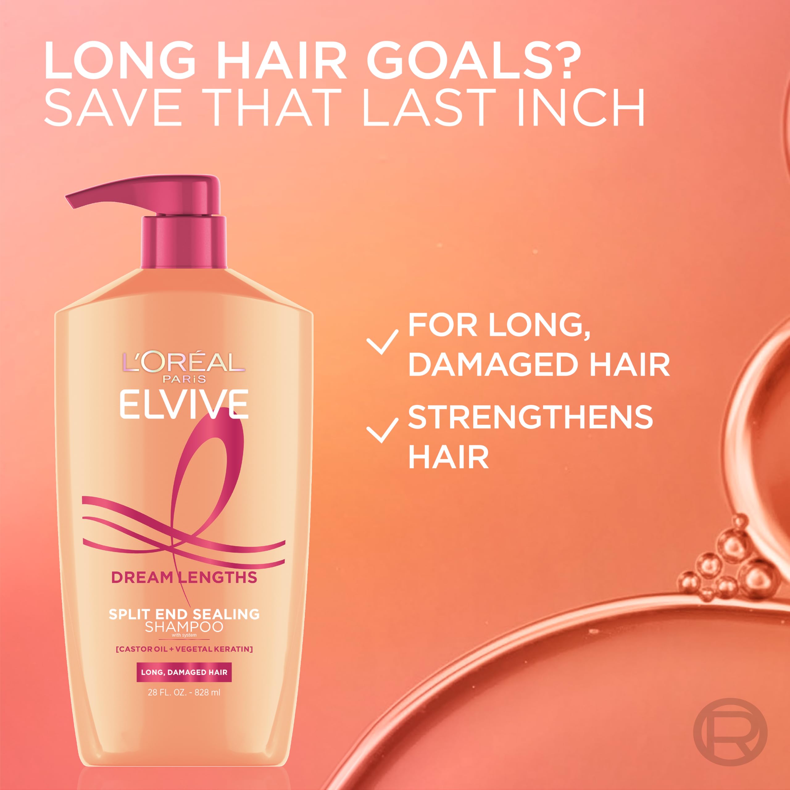 L'Oreal Paris Elvive Dream Lengths Shampoo and Conditioner Set, Seals Split Ends, Hydrating & Strengthening Hair Repair, Fine Castor Oil and Vitamins B3 and B5, 56 Fl Oz Set