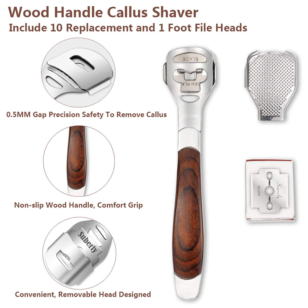 2 Pack Pedicure Kit, Foot File Callus Remover, Heel Scraper for Feet | Stainless Steel Foot Rasp & Wood Handle Callus Shaver (10 Replacements and 1 File Foot Head), Callus Remover for Feet