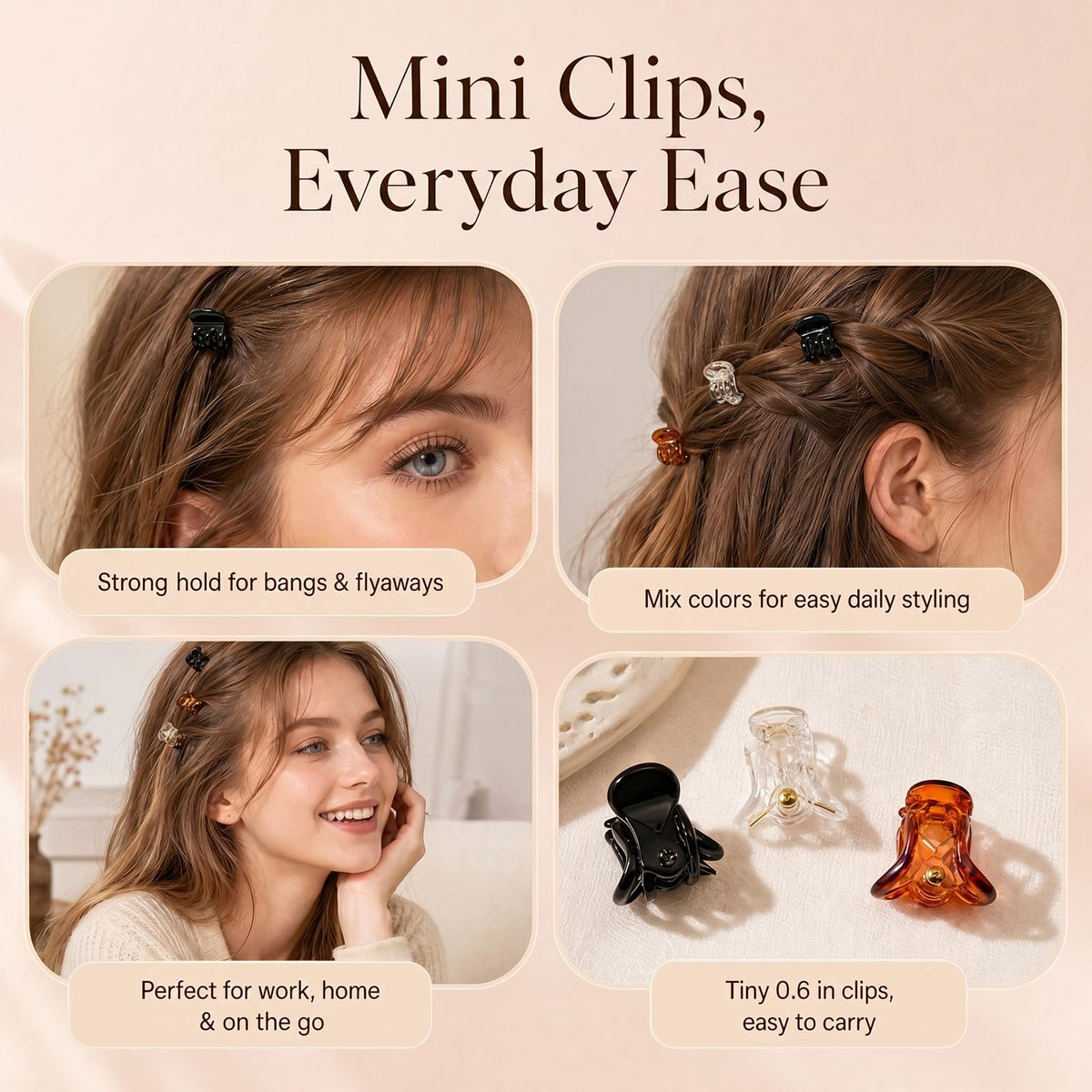 54Pcs Mini Hair Clips for Women, 0.6 in / 1.5 cm Small Claw Clips Without Snagging, Strong Grip Tiny Plastic Hair Clips for Styling Buns, Half-Up Looks, Bangs(Black,Clear,Brown)