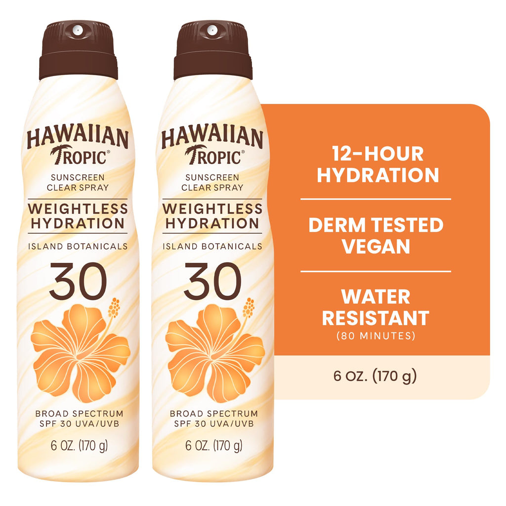 Hawaiian Tropic Weightless Hydration SPF 30 Sunscreen Spray, 6 Oz (2 Pack) | Clear body sunscreen, Lightweight texture, Water resistant sunblock, Continuous spray application, 12 hour hydration