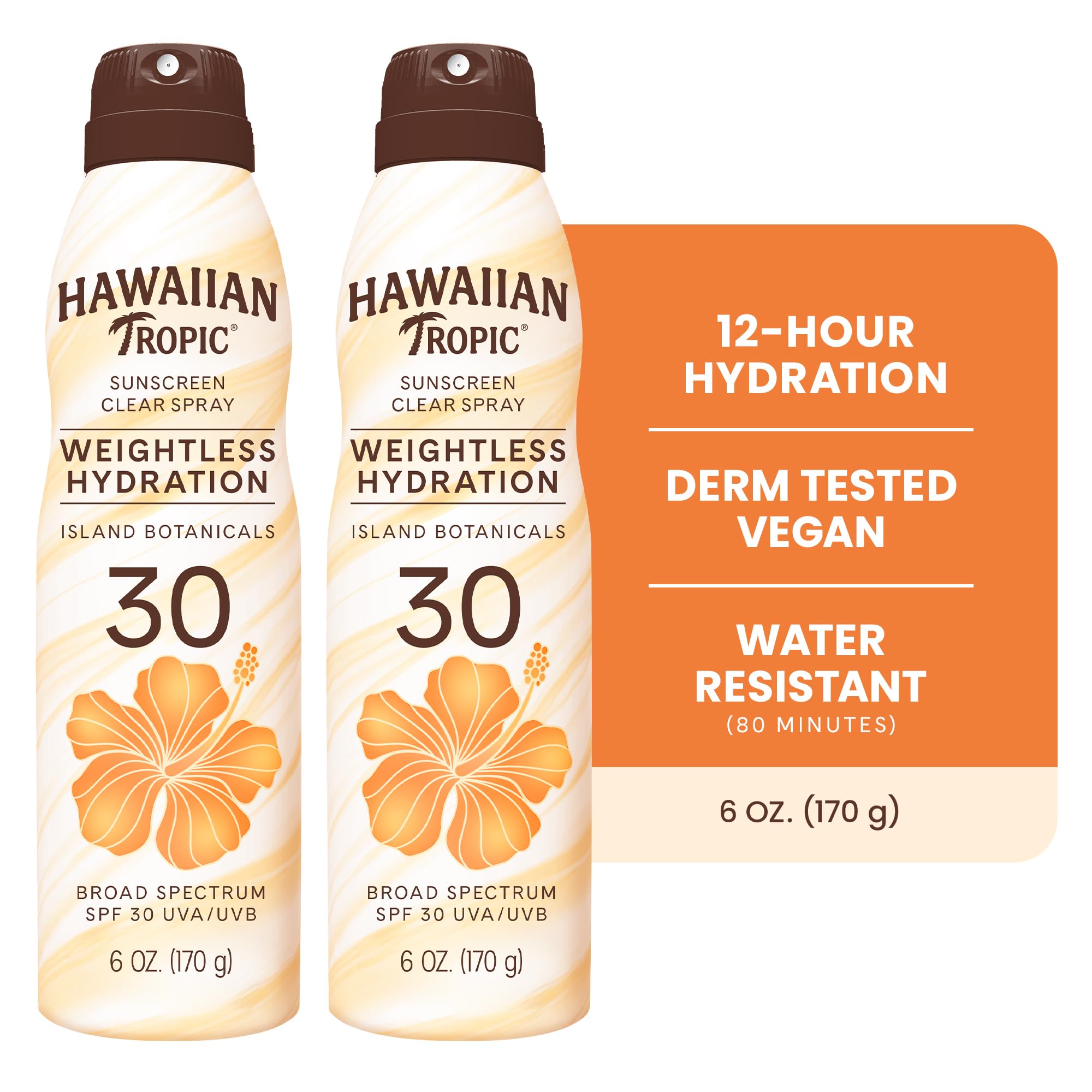 Hawaiian Tropic Weightless Hydration SPF 30 Sunscreen Spray, 6 Oz (2 Pack) | Clear body sunscreen, Lightweight texture, Water resistant sunblock, Continuous spray application, 12 hour hydration
