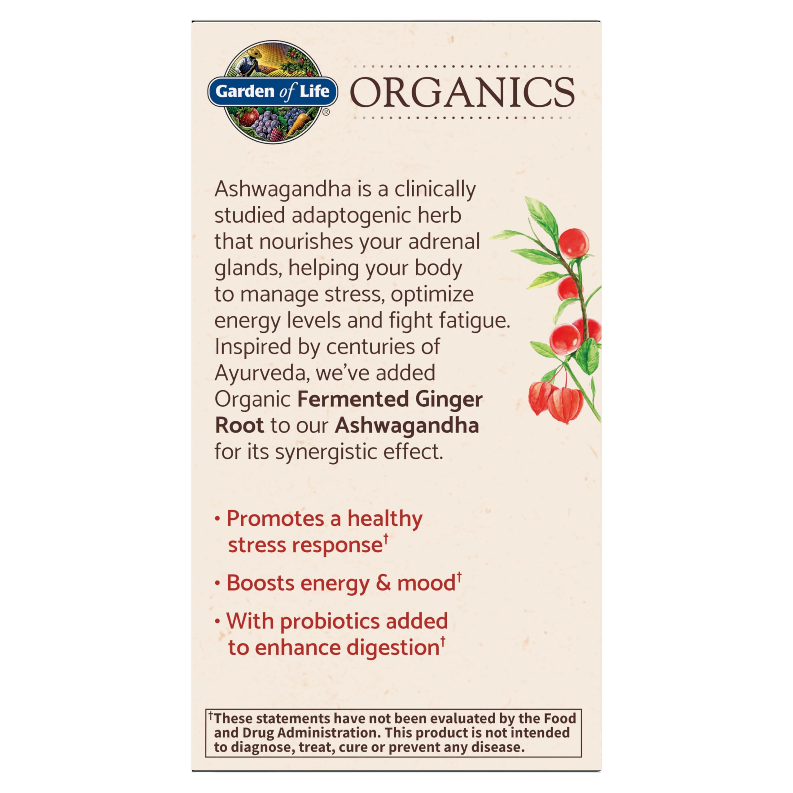 Garden of Life Organic Ashwagandha Supplement with Probiotics & Ginger - Stress, Mood & Energy Support, Vegan, Gluten Free, Non GMO, 2 Month Supply, 60 Tablets