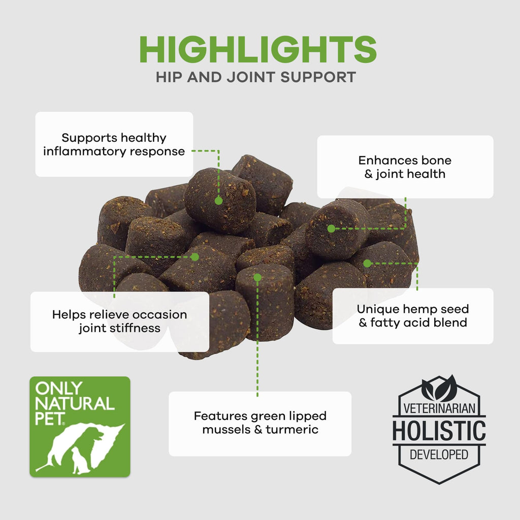 Only Natural Pet Hemp Hip & Joint Support for Dogs - Supplement for Mobility Wellness Pain Relief Healthy Inflammatory & Bone Stiffness - Chews w/Fatty Acid Blend Mussels & Turmeric - 120 Count (H/J)