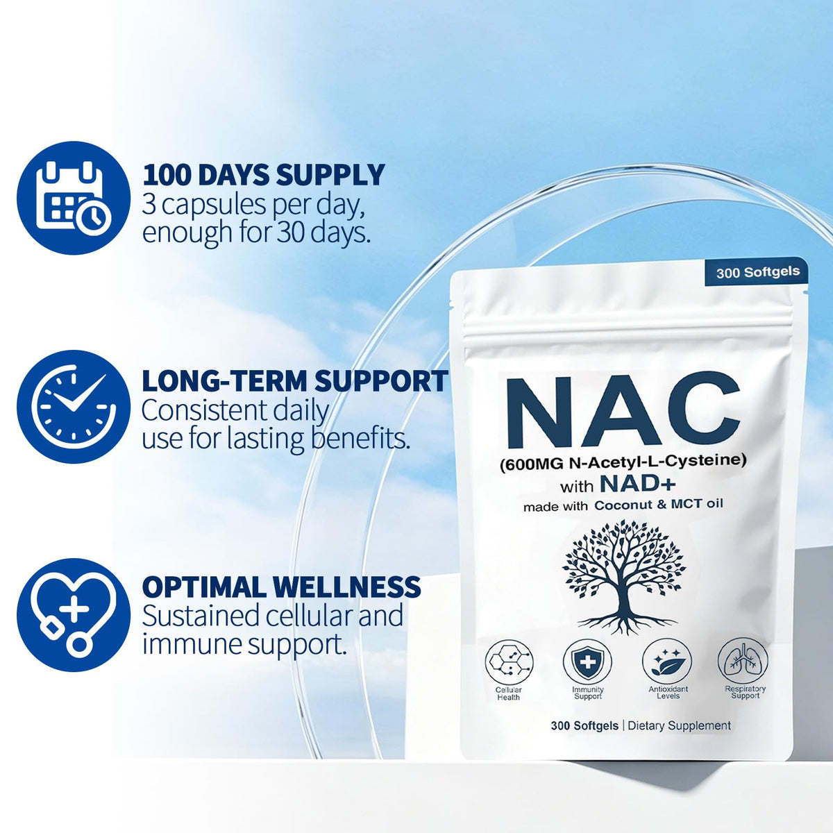 NAC 600mg Non-GMO, Gluten Free,Organic NAC Supplement N-Acetyl Cysteine Capsules with NAD+ for Cellular & Lung Health, 300 Softgels