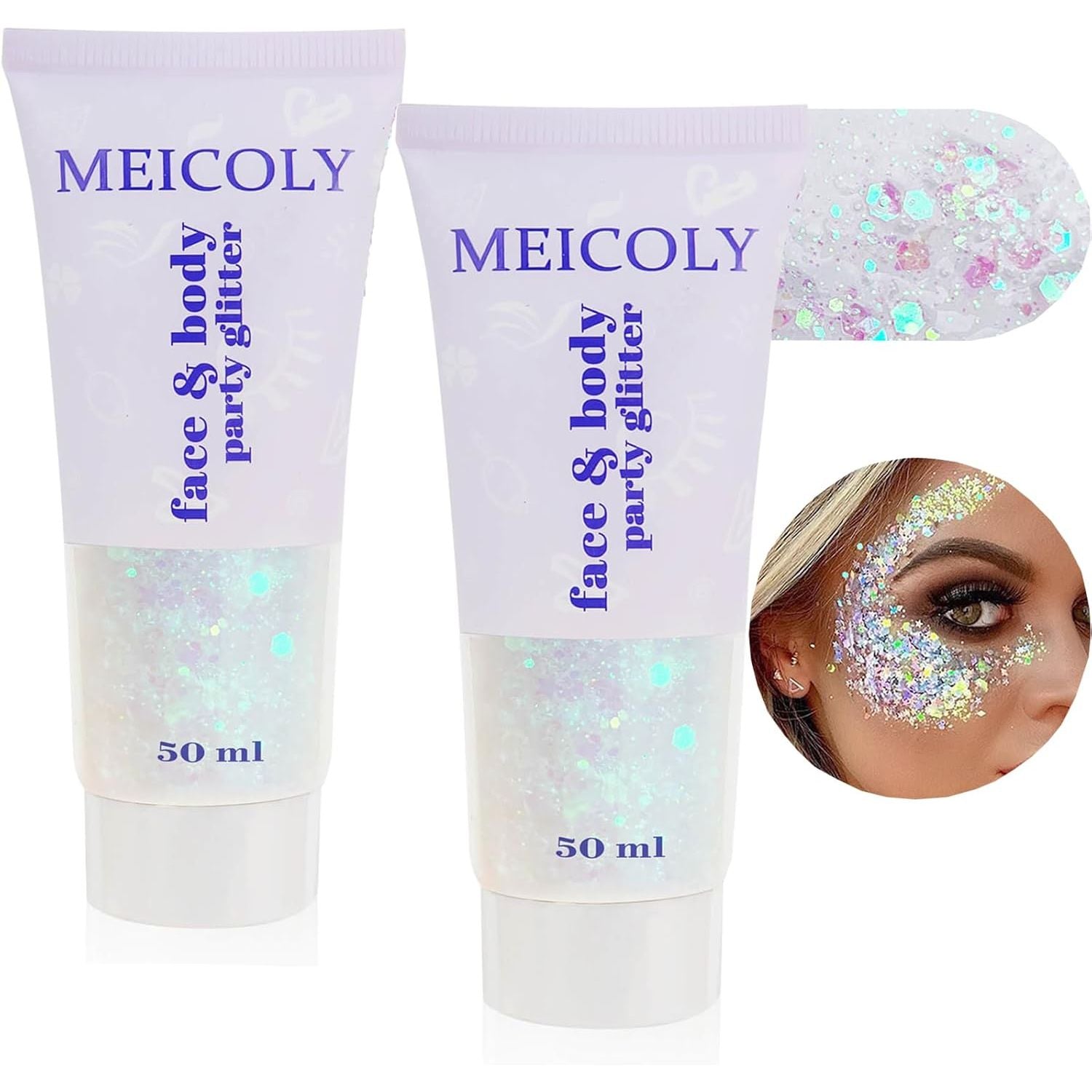 Buy now MEICOLY Pink and Clear White Face Body Glitter Set,Pink Face Glitter Gel,Singer Concerts Festival Rave Accessories,Glitter Face Paint for Women Kids,Mermaid Glitter Makeup,Body Glitter for Women 2pc white face glitter gel at indiglob india