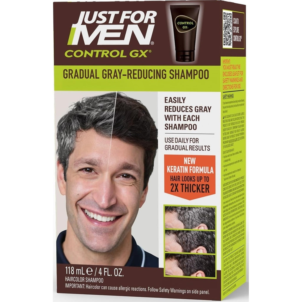 Just for Men Control GX Gray Reducing Shampoo, Keratin, 4 Fl Oz (1 Pack) | Control GX multi-patented formula gradually reduces gray with each shampoo. Keratin strengthens and thickens hair.