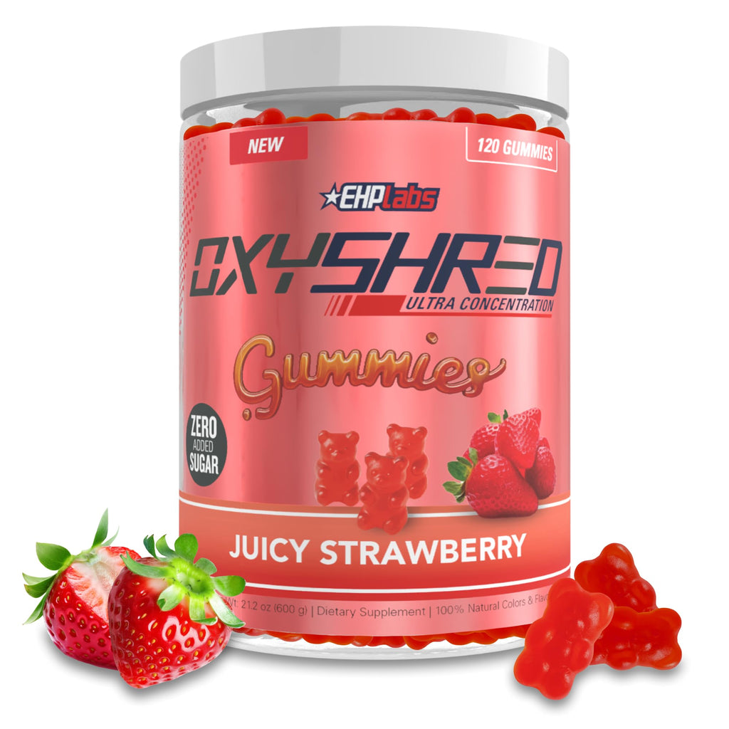 EHP Labs OxyShred Pre Workout Energy Gummies, Strawberry, 60 Servings | 100mg Natural Caffeine, 1000mg L-Carnitine, Vegan & Halal Friendly, No Artificial Colors, Zero Aspartame, HPLC Tested