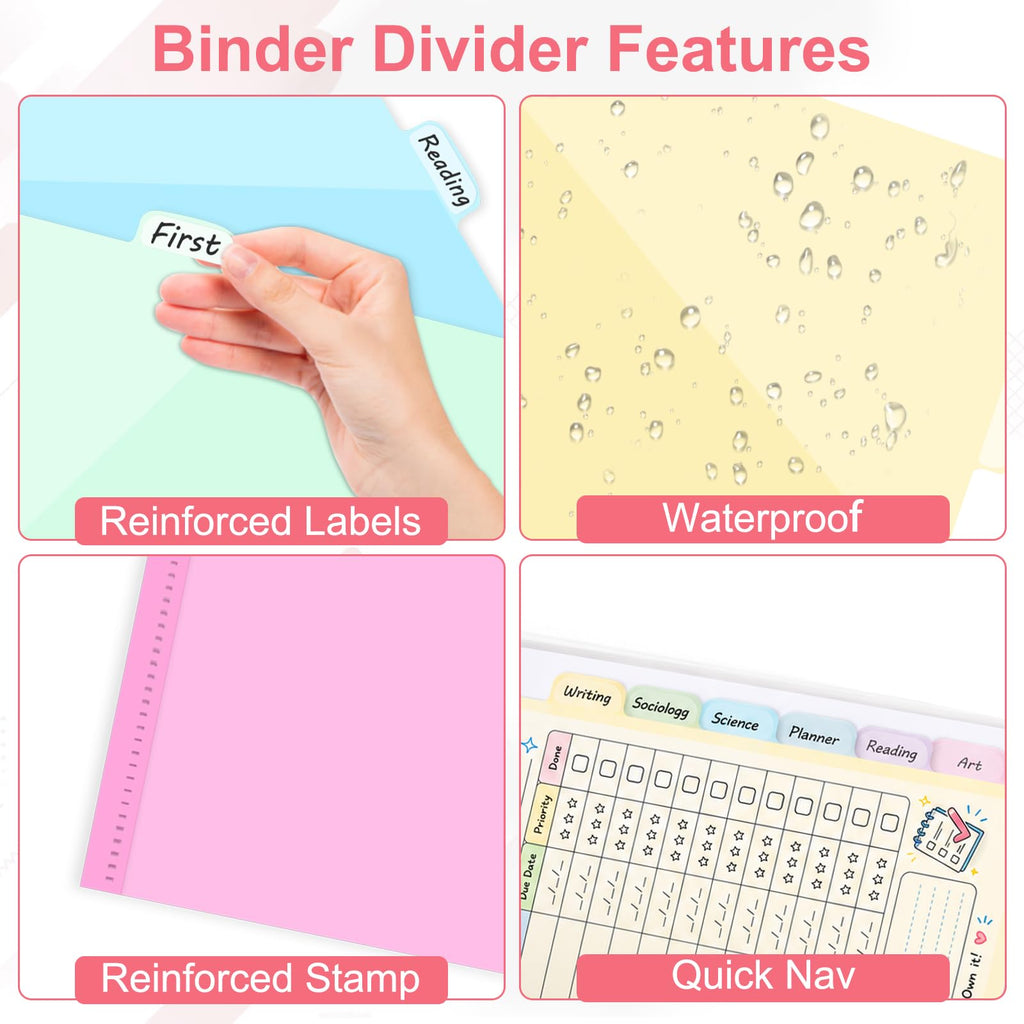 Binder Dividers with Pockets for 3-Ring Binder, 8-Tab Pastel Dividers