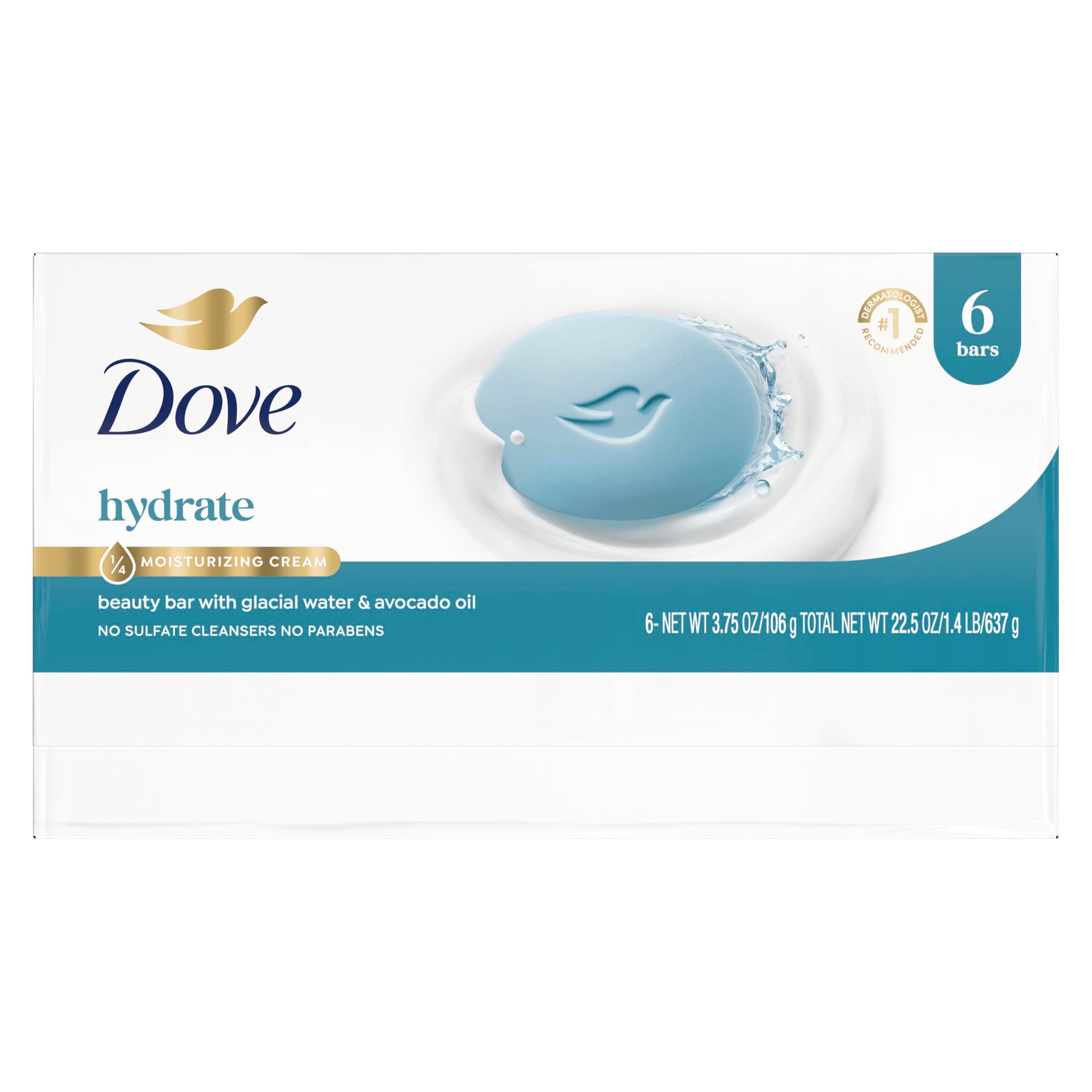 Dove Beauty Bar Soap , Glacial Water & Avocado Oil, I 6 Count 3.75 oz | Hydrating beauty bar with glacial water and avocado oil for refreshed, soft and healthy-looking skin