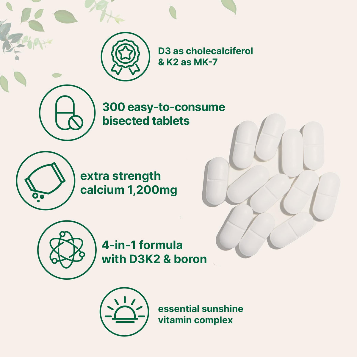 Calcium 1,200mg with Vitamin D3 & K2, 300 Tablets | Calcium Supplements for Women & Men | Mineral Complex Support Bone, Teeth, Colon & Cardiovascular Health | Non-GMO, Gluten-Free
