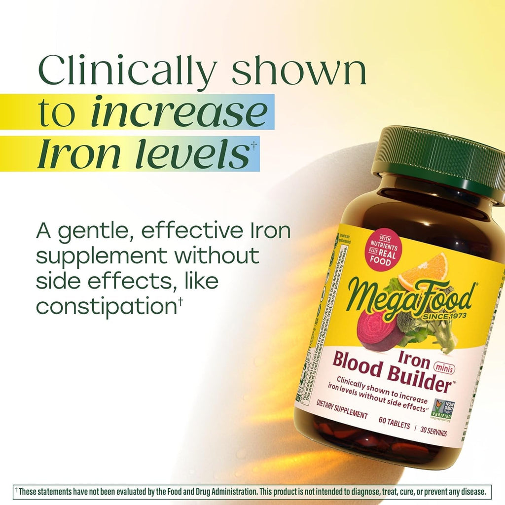 MegaFood Blood Builder Iron Supplement, Energy Support, 60 Mini Tablets | Increase Iron Levels Without Side Effects, Improves Energy Levels, B12, Folic Acid and Vitamin C for Absorption, 30 Servings