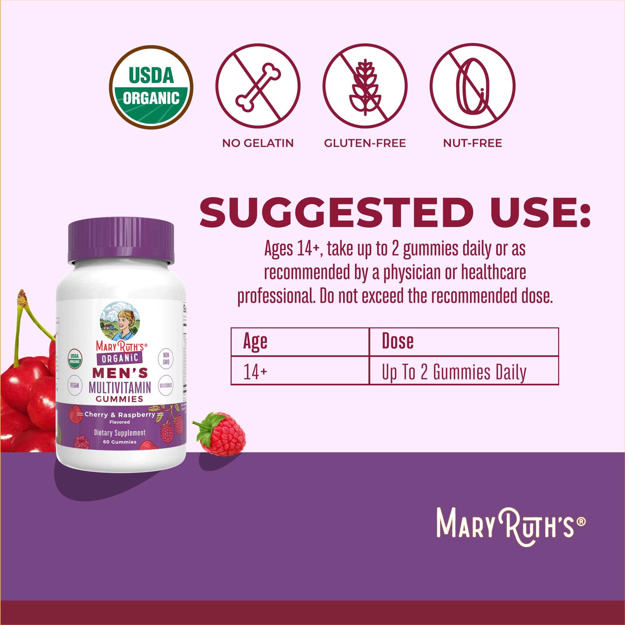 MARYRUTH'S Organic Men's Multivitamin Gummies, Vegan, Non-GMO, 60 Count | USDA, Vegan, Daily Multivitamins for Immune Support, Non-GMO, Gluten Free, 60 Count