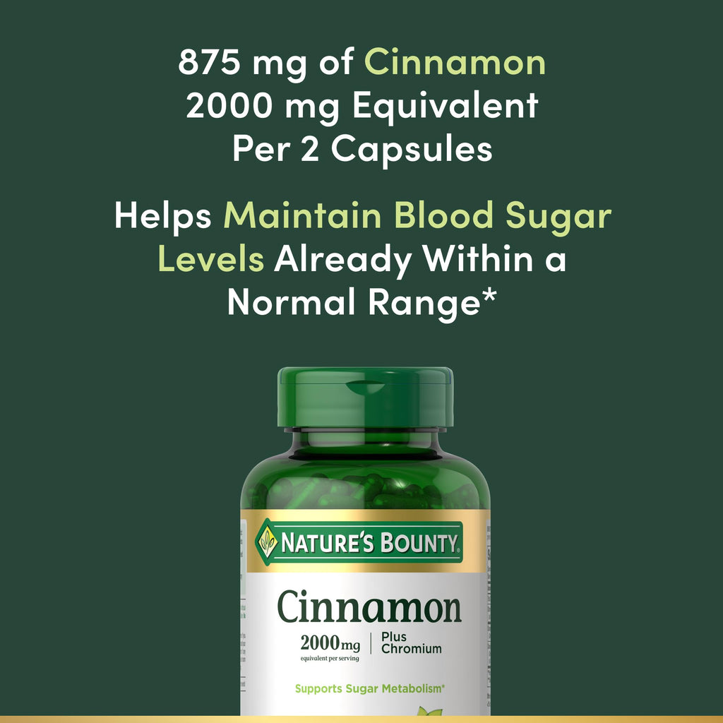 Nature's Bounty Cinnamon 2000mg Plus Chromium, 60 Capsules | Sugar Metabolism Support Supplement