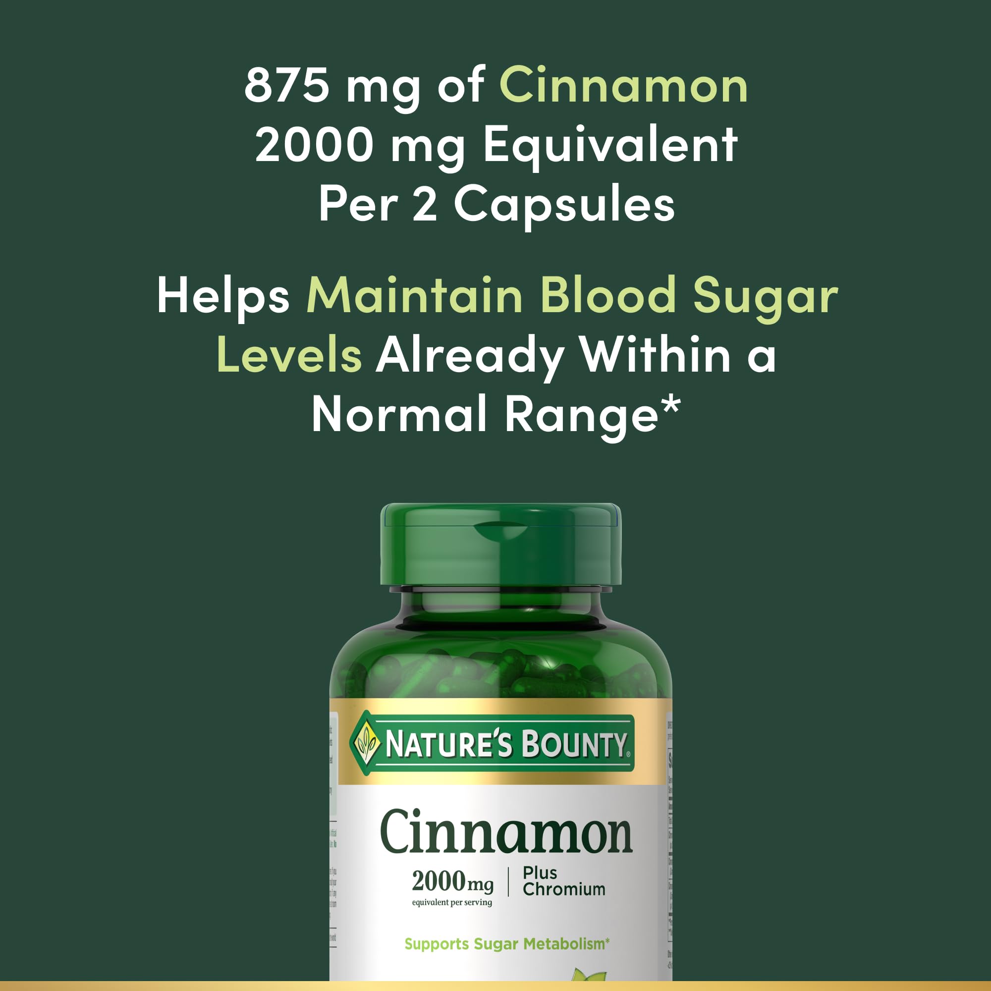 Nature's Bounty Cinnamon 2000mg Plus Chromium, 60 Capsules | Sugar Metabolism Support Supplement