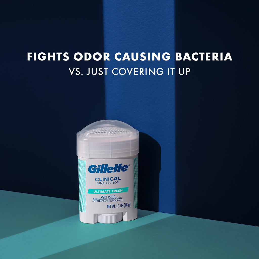 Gillette Clinical Antiperspirant and Deodorant for Men, 100HR Sweat & Odor Protection, Long Lasting Freshness, Anti-White Mark Technology, Gentle on Skin, Soft Solid, Ultimate Fresh Scent, 2.6 oz