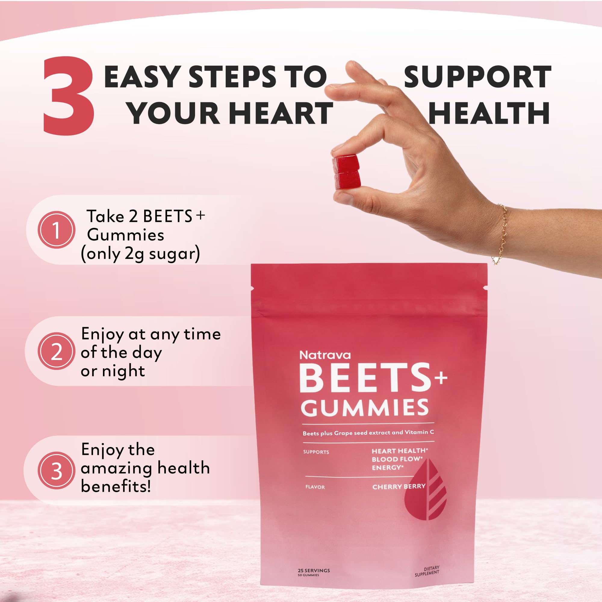 Beets+ Gummies - Premium Beet Root Powder, Grape Seed Extract and Vitamin C - Supports Healthy Blood Pressure and Heart Health - Low Sugar Nitric Oxide and Circulation Supplement - 50 Gummies