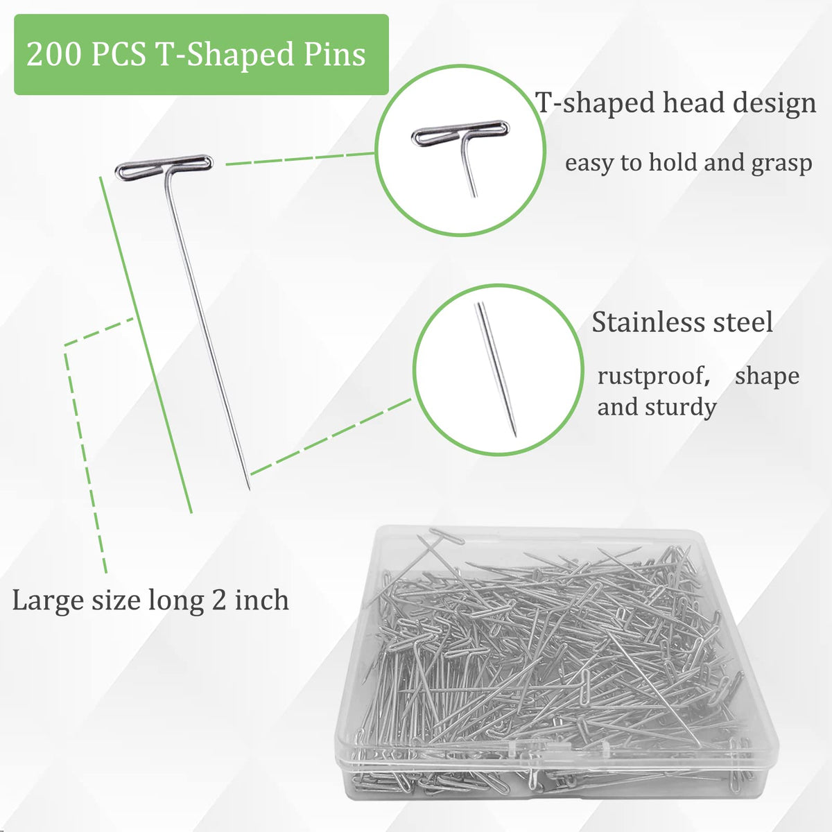 200Pcs T Pins, 2 inch Sewing Pins, Stainless Steel Wig Pin for Wigs, T-pins for Foam Head, Long Straight Pin for Sewing, Craft, Quilting and Blocking Knitting, Office, Decoration by Sunenlyst