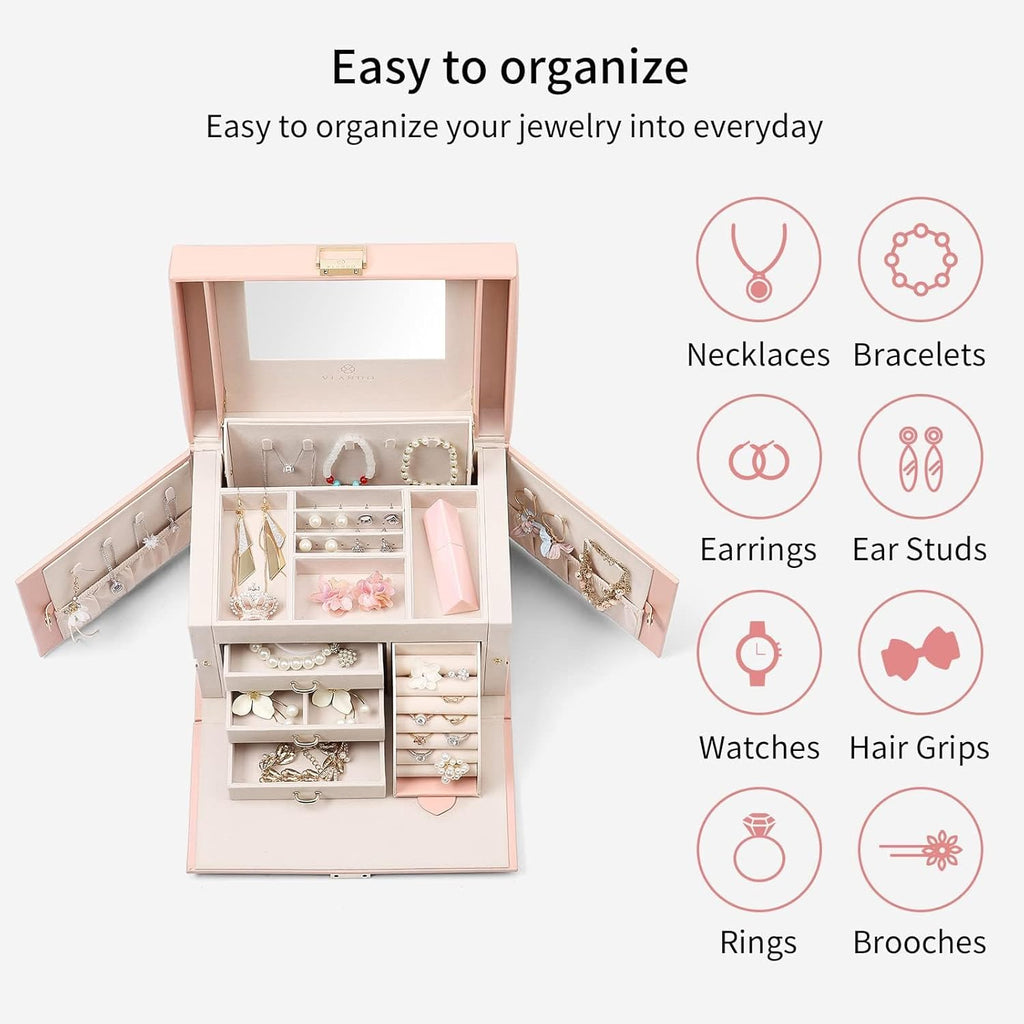 Buy now Vlando Jewelry Box Organizer for Girls Women, Large Baroque Jewelry Holder Organizer with Mirror, 3 Drawers for Bracelets, Earrings, Rings, Necklaces, Mothers Day for Loved One, Pink at indiglob india