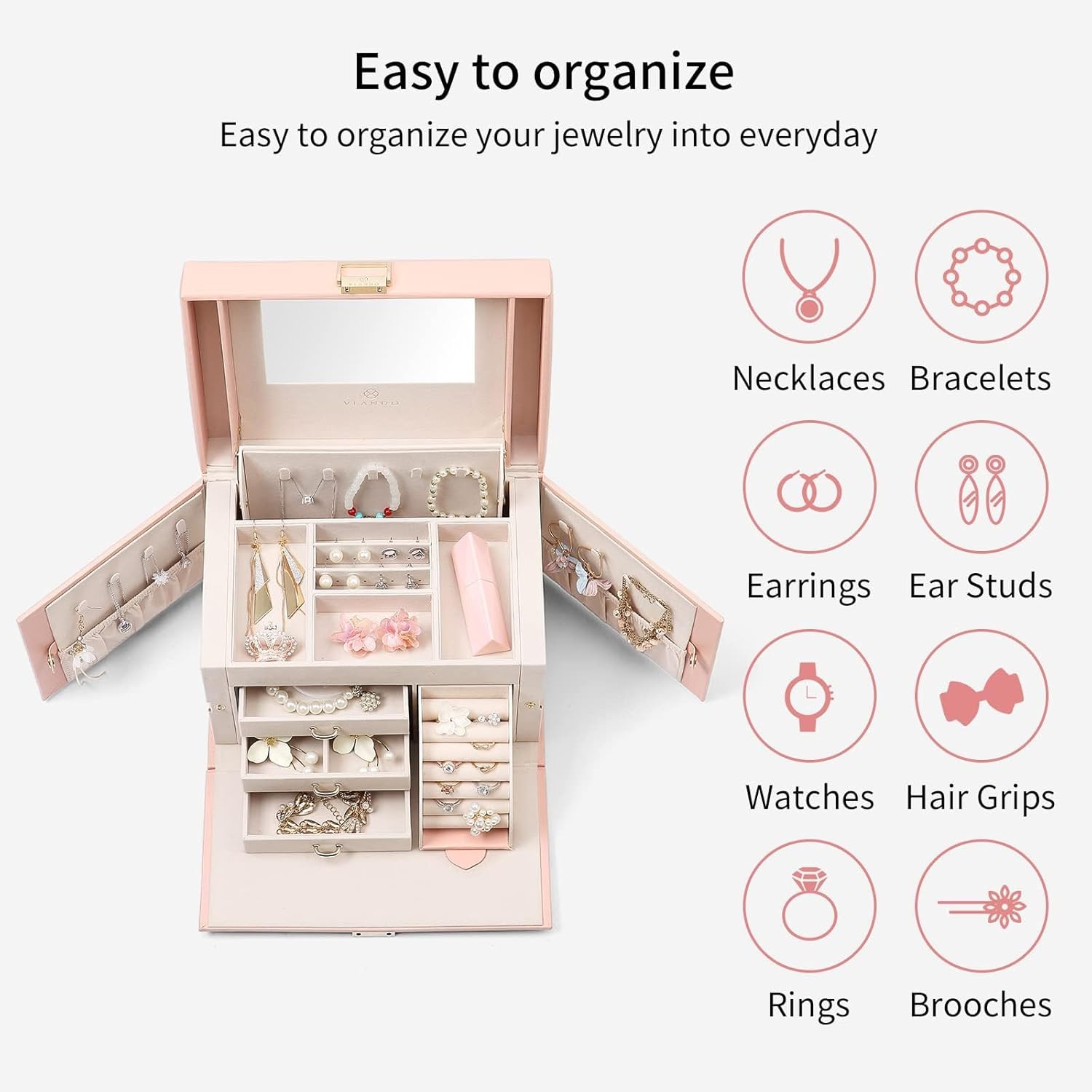Buy now Vlando Jewelry Box Organizer for Girls Women, Large Baroque Jewelry Holder Organizer with Mirror, 3 Drawers for Bracelets, Earrings, Rings, Necklaces, Mothers Day for Loved One, Pink at indiglob india