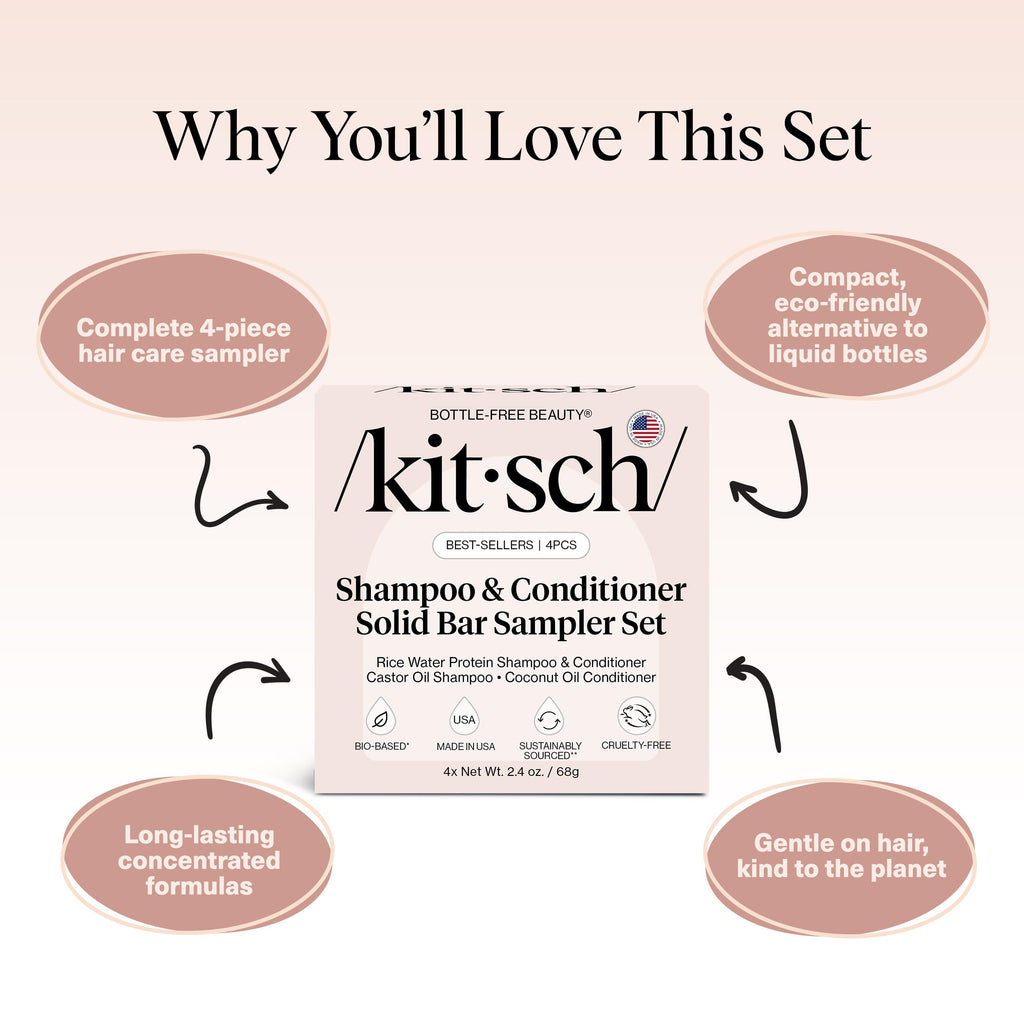 Buy now Kitsch Shampoo and Conditioner Set - 4pc Sampler Bars with Rice Water Shampoo and Conditioner, Castor Oil Shampoo & Coconut Oil Conditioner - Bottle-Free Beauty for Hair Growth, Repair & Moisture at indiglob india