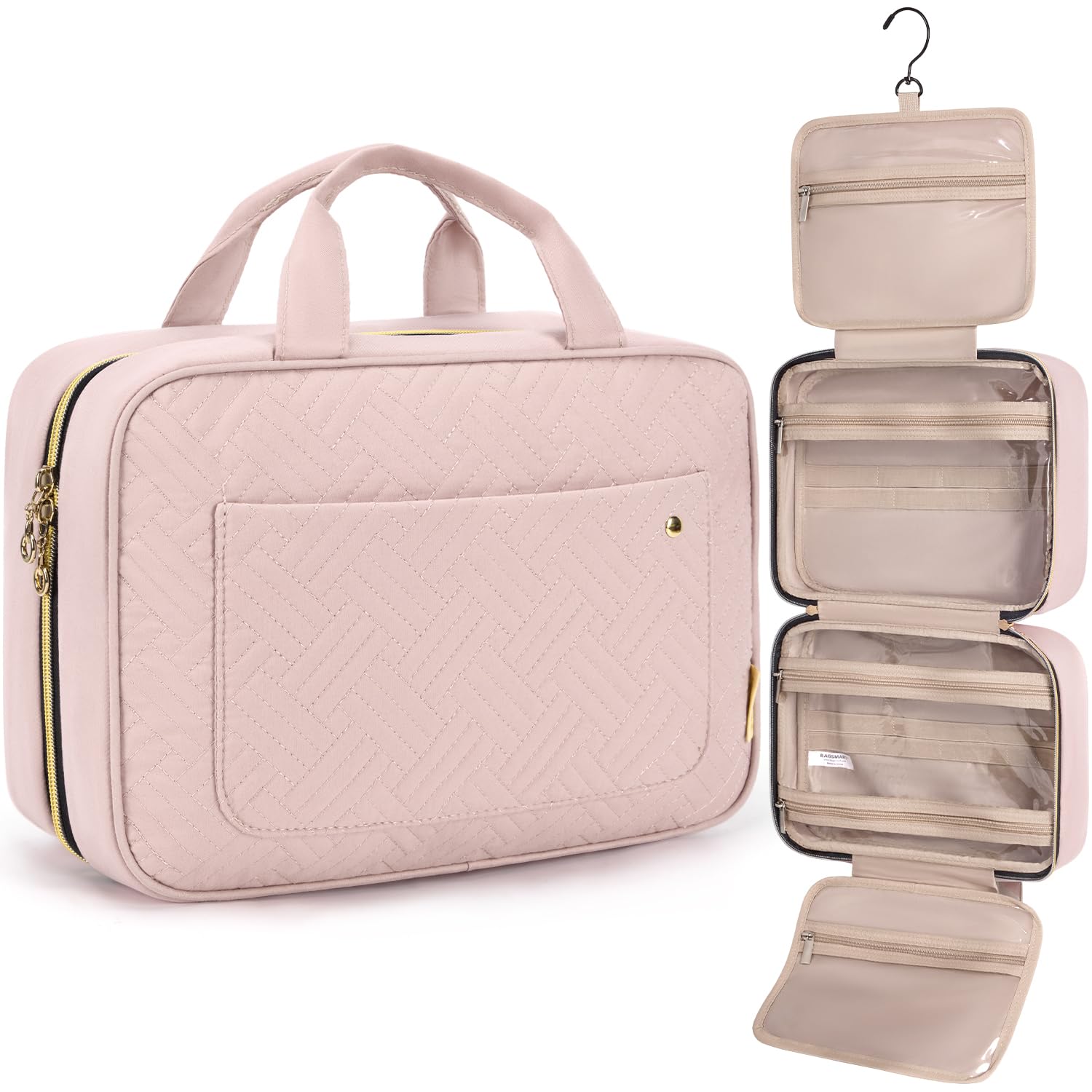 Buy now BAGSMART Toiletry Bag Travel Bag with Hanging Hook, Water-resistant Makeup Cosmetic Bag Travel Organizer for Accessories, Shampoo, Full-size Container, Toiletries (Baby Pink, Medium) Medium Light Pink at indiglob india