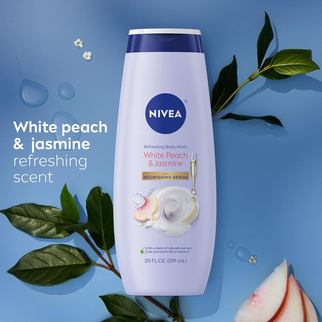 Buy now NIVEA Refreshing White Peach and Jasmine Body Wash with Nourishing Serum, Scented Body Wash for Women, Enriched with Provitamin B5 and Vitamin E, 20 Fl Oz Bottle at indiglob india