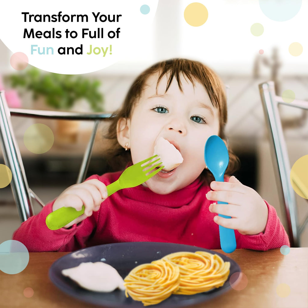 PLASKIDY Plastic Toddler Utensils Set of 12 Kids Utensils Forks and Spoons - BPA FREE/Dishwasher Safe Toddlers Silverware Set Brightly Colored Children's Safe Flatware Cutlery Set