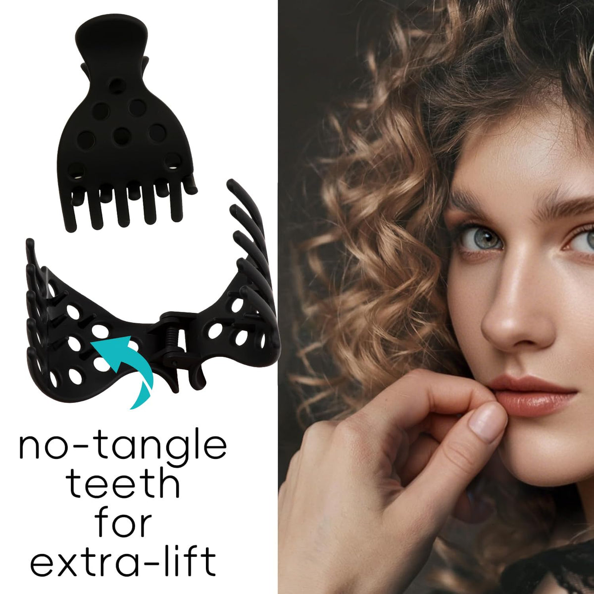 Set of 10 black hair volume root clips designed with no-tangle teeth for enhanced lift and styling, ideal for curly hair.