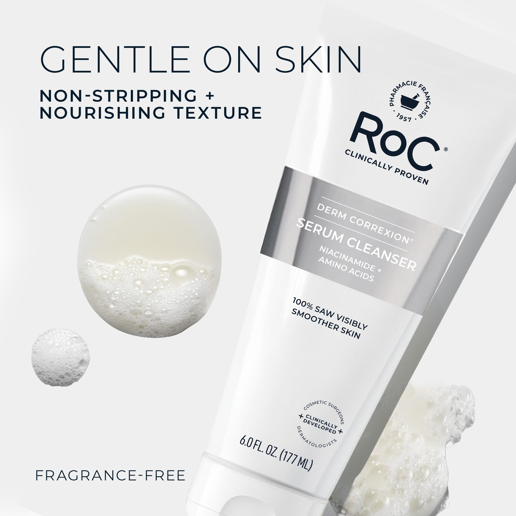 RoC Derm Correxion Serum Facial Cleanser with Niacinamide and Amino Acids | Sensitive skin face wash 6 oz, deeply cleanse oil, dirt, long-wear makeup, for healthy-looking skin, Ophthalmologist Tested