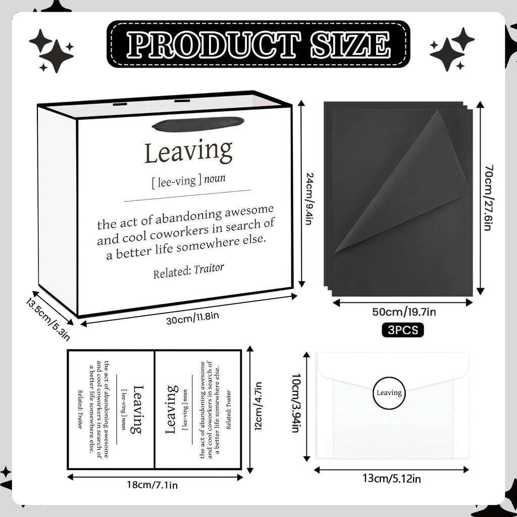 Funny Going Away Gift Bag Black White Farewell Goodbye Christmas Gift Bag with Wrapping Paper Card Sticker Envelope for Coworkers Leaving Gifts Retirement Good Luck We Will Miss You Presents Favors
