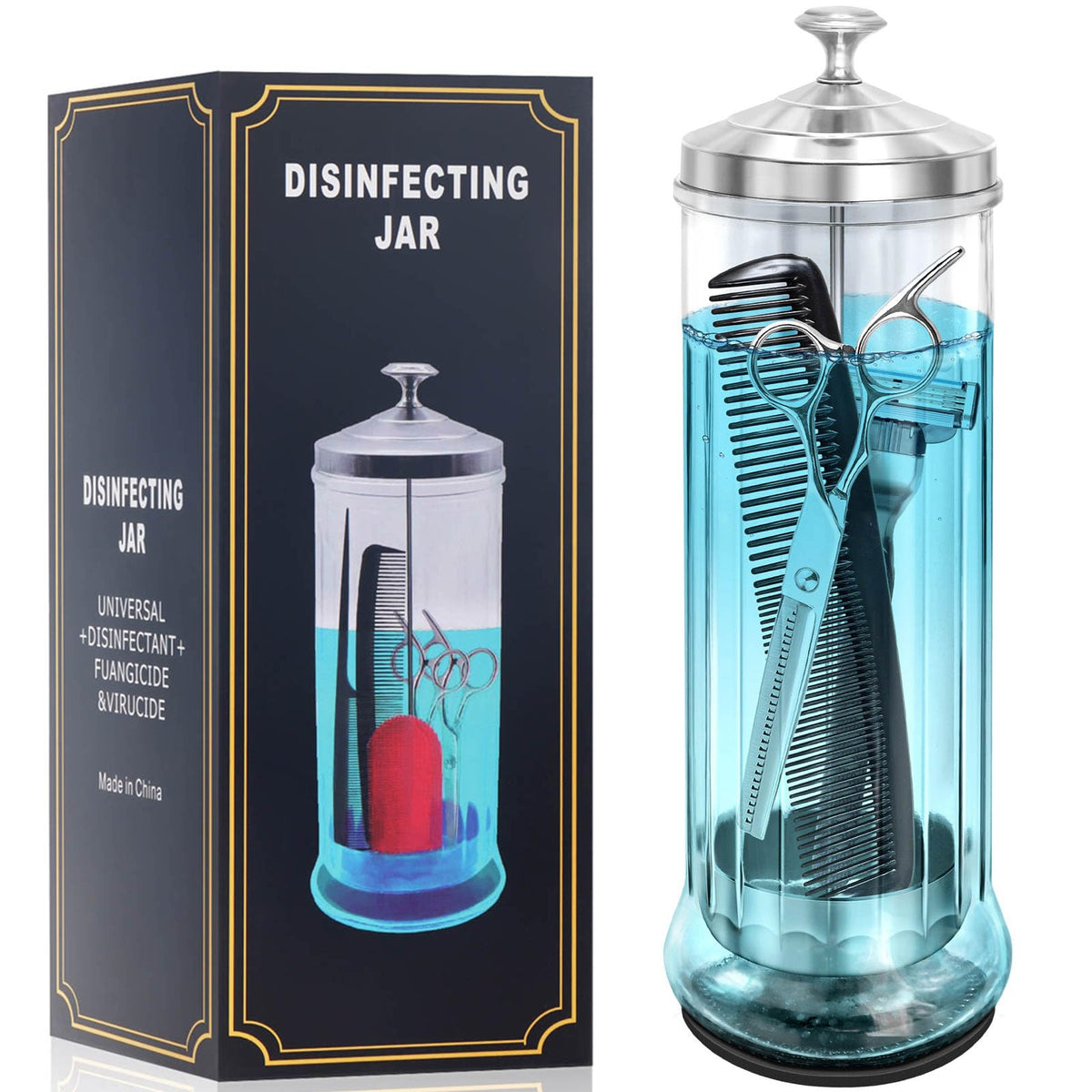 Glass Disinfectant Jar with anti-slip pad 53 Oz/1500ML, Barber Disinfectant Jar With Removable Basket, Large Sterilizing for Manicure & Pedicure Implements Stainless Steel 11.7"H x 3.8"W