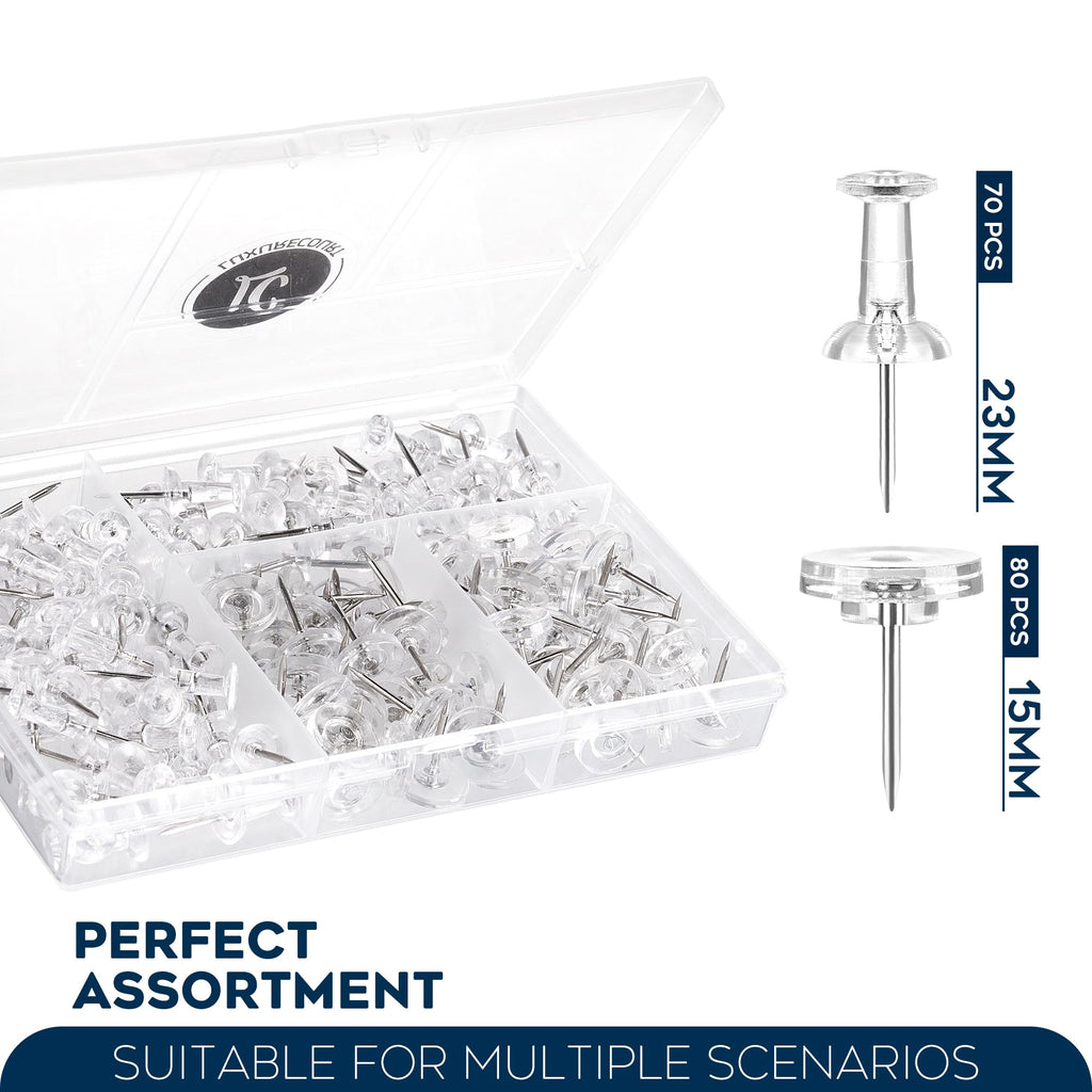 150 Pack Assorted Clear Push Pins By Luxurecourt for Bulletin Board, Wall Hanging, Cork Board, Shadow Box Display - Includes Flat Head Thumbtacks & Standard Pushpins in Plastic Resuable Storage Box.