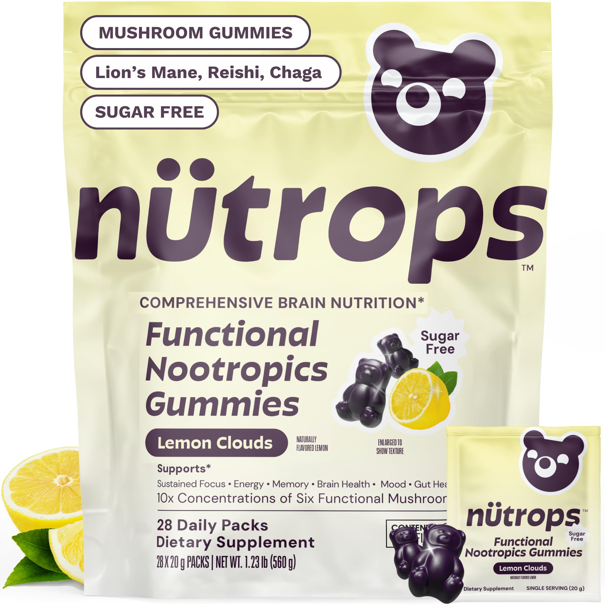 Nutrops Nootropics Mushroom Gummies for Brain Health, Sugar Free 28 ct | 1000mg of Mushrooms Including Lion's Mane, Chaga, Reishi, Cordyceps