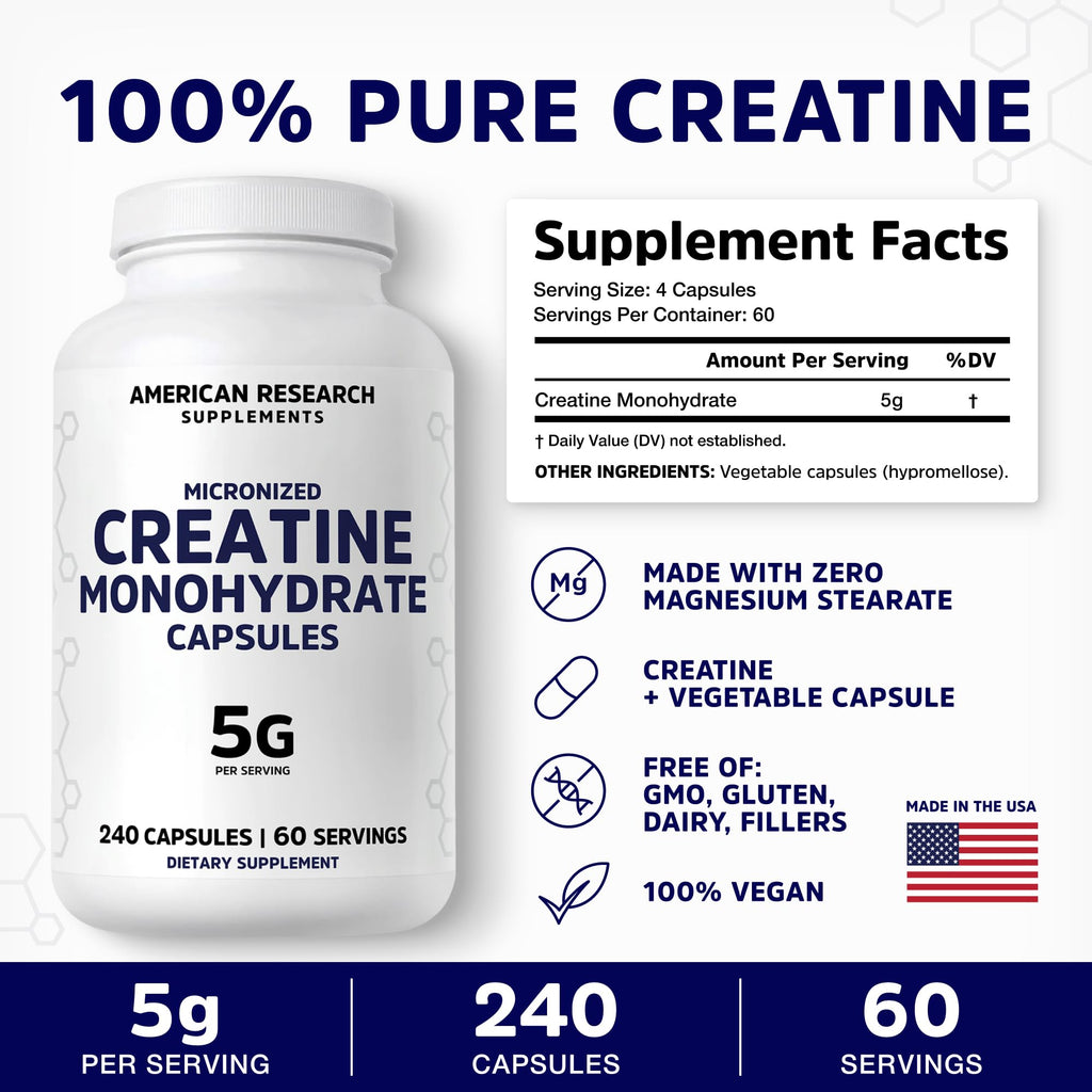 Creatine Monohydrate Capsules 5G, 60 Servings, Micronized Creatine Pills for Men and Women, 4 Caps per Serving