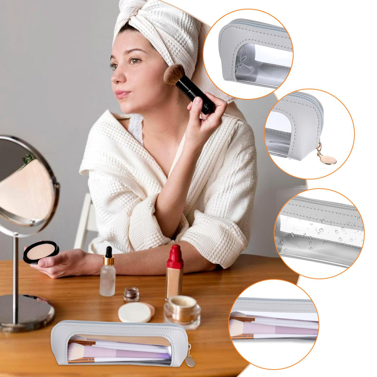 Stylish small clear makeup bag showcased on a vanity, ideal for storing cosmetics. Verified by CuratCart for quality.