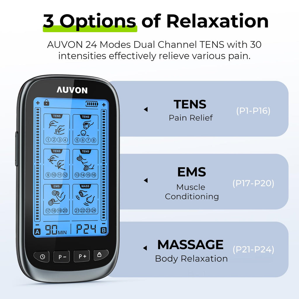 AUVON 3-in-1 TENS Unit Muscle Stimulator for Pain Relief, Large Screen