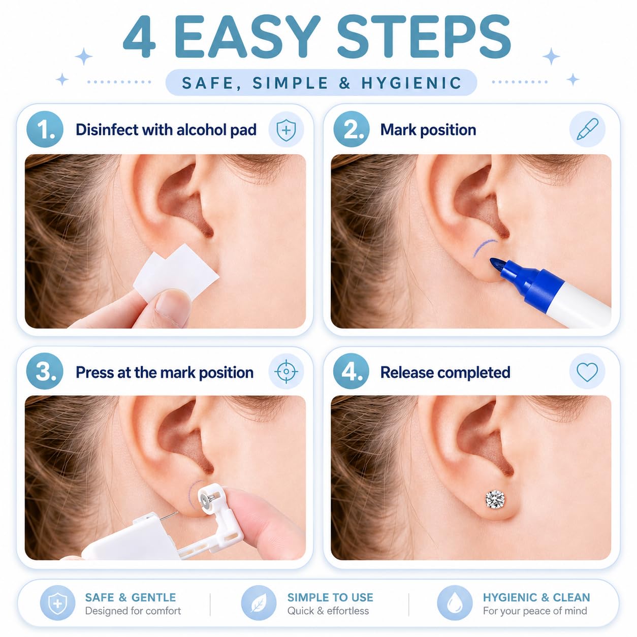 Anzero Ear Piercing Kit, Disposable Ear Piercing Gun with 5MM CZ Studs | Sterile Packed, 316L CZ Studs, Painless Quick Piercing, Easy and Safe, Home Self-Use, Suitable for Women, Men and Girls
