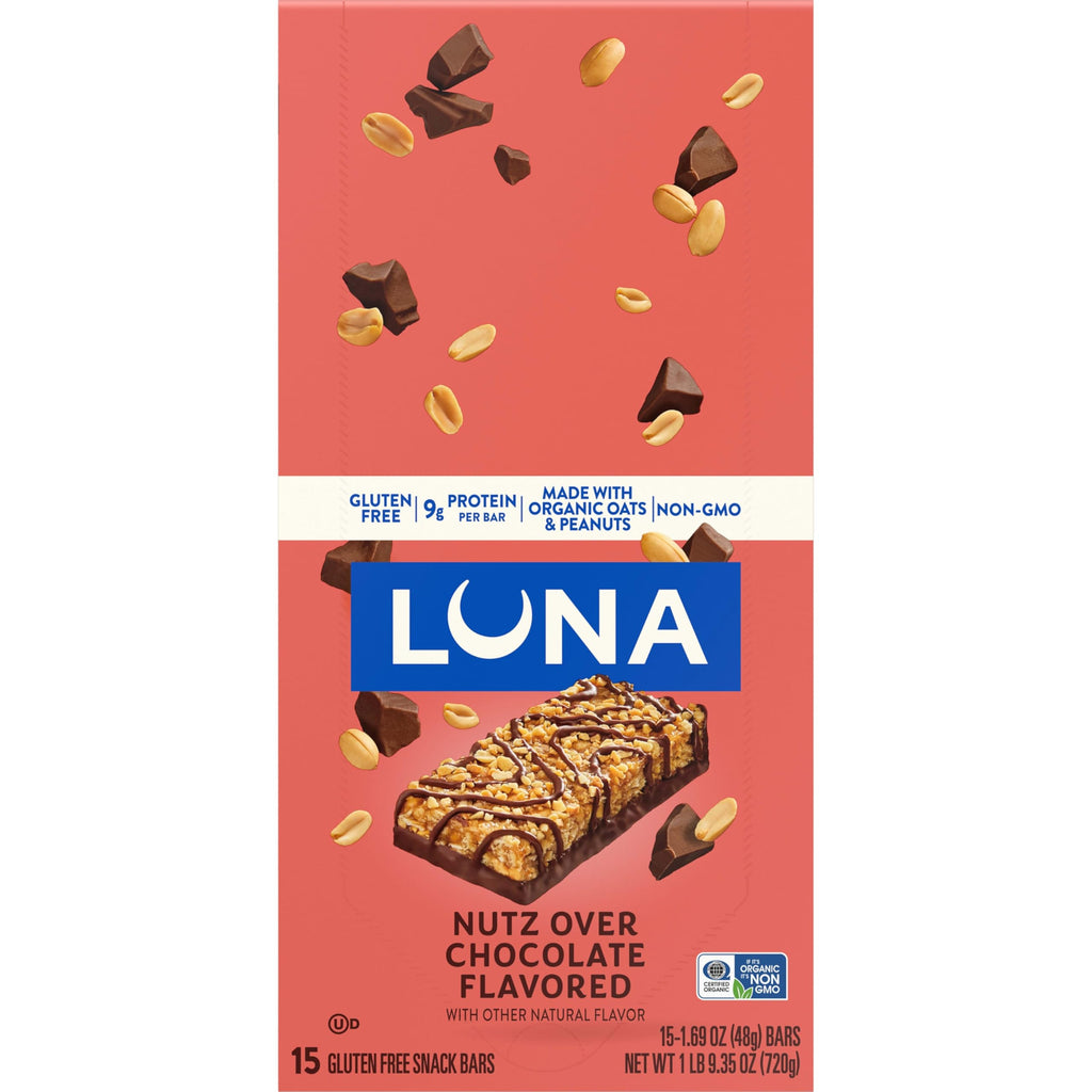 LUNA Bar - Nutz Over Chocolate Flavor - Gluten-Free - Non-GMO - 7-9g Protein - Made with Organic Oats - Low Glycemic - Whole Nutrition Snack Bars - 1.69 oz. (15 Count)