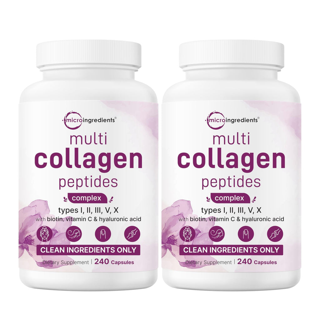 Micro Ingredients Multi Collagen Peptides Pills, 240 Capsules | For Women & Men. Type I, II, III, V, X. Hydrolyzed Collagen Supplement with Biotin, Hyaluronic Acid & Vitamin C. Filler Free.