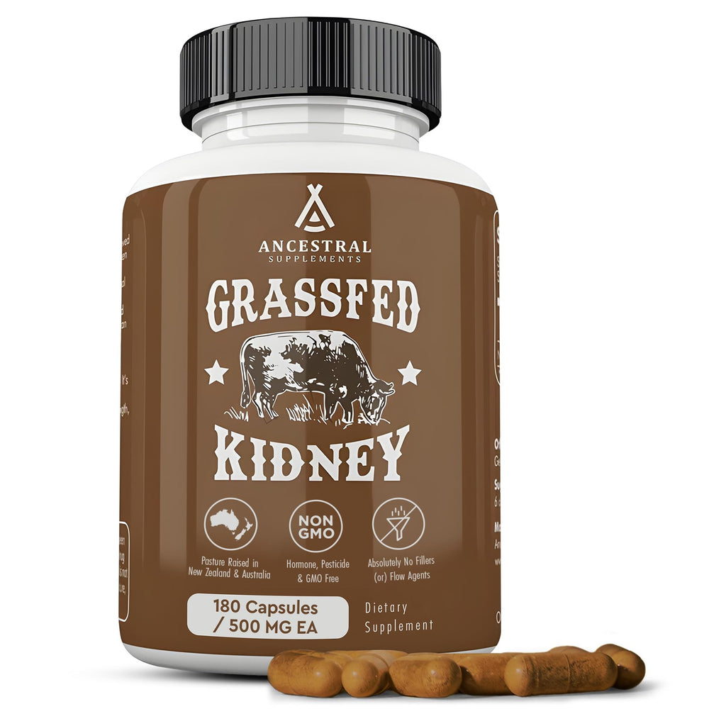 Ancestral Supplements Grass Fed Beef Kidney Supplement, 3000mg, 180 Ct | DAO enzyme-rich formula for kidney support and kidney health, promoting urinary & histamine balance with B12.