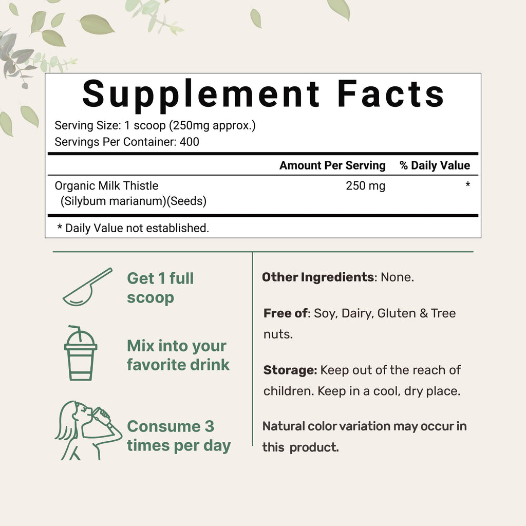 Organic Milk Thistle Tea Powder, 3.5 ounces | Up to 400 Servings | Premium Milk Thistle Liver Detox Supplement | Contains 80% Active Silymarin | Non-GMO, Vegan Friendly, Eco-Friendly Recyclable Bags